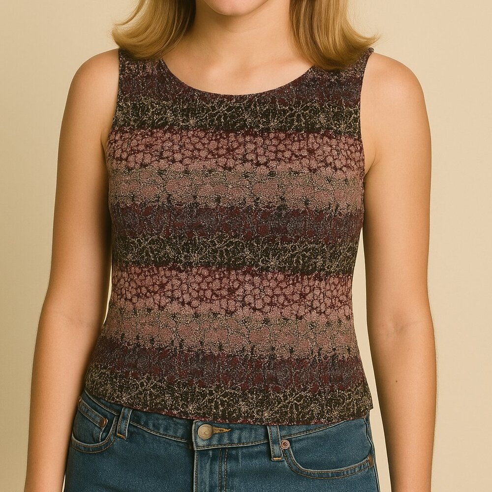 Vintage Y2K Dressbarn Metallic Floral Knit Tank Top Medium Lizzie McGuire